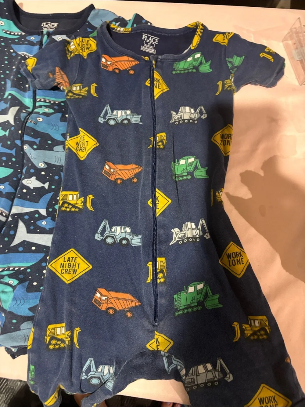 The Children's Place Navy Construction & Teal Shark Pajama Rompers